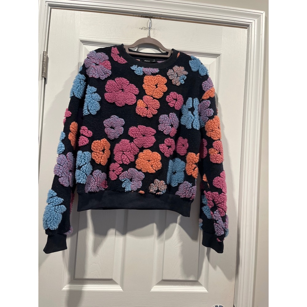 Akair Womens Floral 3D Textured Sweatshirt Black Pink Orange Blue Size M